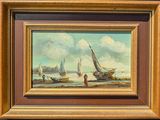 an oil painting of boats on the water with a man standing in front of them