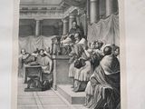 an old picture of a group of people sitting around a table