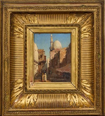 une peinture à l'huile représentant une scène de rue avec une église à l'arrière-plan
