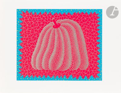 a painting of a pink and blue pumpkin on a pink background