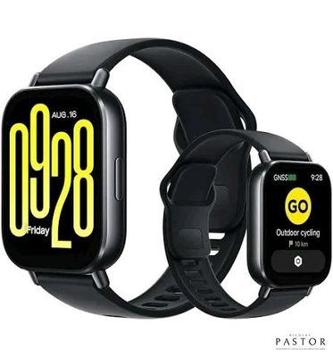 Deux montres connectées sont représentées sur un fond blanc, avec un bracelet noir.