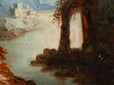 an image of a painting of a river with a castle in the background