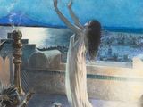 an image of a painting of a woman throwing a ball in the air