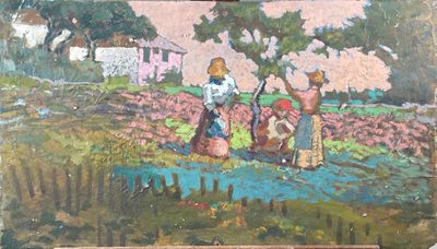 un tableau représentant une femme et deux enfants dans un jardin