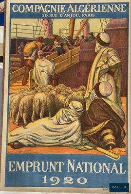 a poster with a picture of a man and a woman with sheep