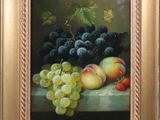 an oil painting of grapes, peaches and strawberries on a table