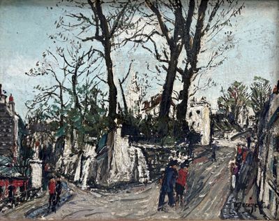tableau représentant une scène de rue avec des passants marchant dans la rue