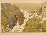 an image of a painting of rocks and water on the shore