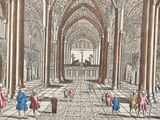 a drawing of a church with people walking through it