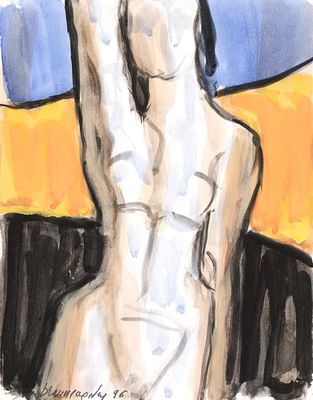 painting of a nude woman sitting on a chair with her arms up