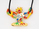 Collier jaune, rouge, bleu, vert, jaune et rouge, orné d'un motif d'oiseau
