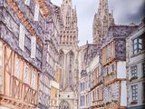 a painting of a street in a european city
