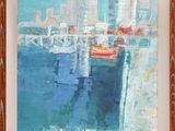 an oil painting of boats docked in a harbor with a city in the background
