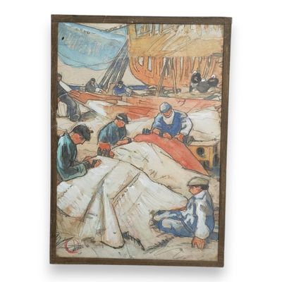 painting of a group of people on a beach with a boat in the background