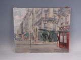 painting of a painting of a street scene with buildings in the background