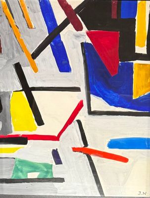 painting of abstract shapes and colors on a white background