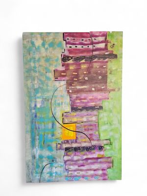 an abstract painting of a tower with a guitar on top of it