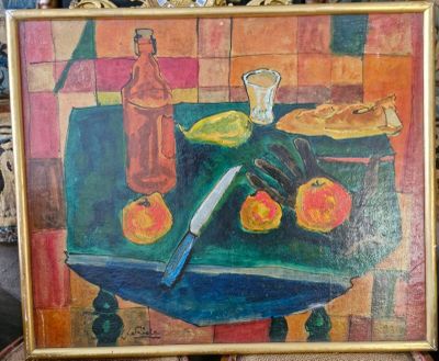 un tableau représentant un couteau et des fruits posés sur une table