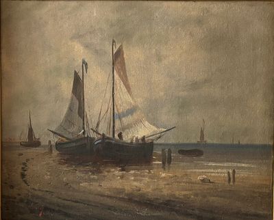 un tableau représentant un bateau sur la plage avec des personnes à bord