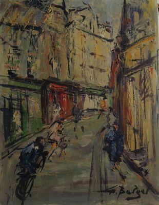 painting of a street scene with people walking down the street