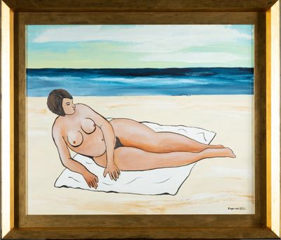 an oil painting of a nude woman laying on a towel on the beach