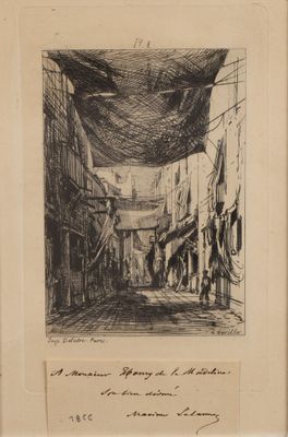 un vieux dessin représentant une rue où des gens marchent