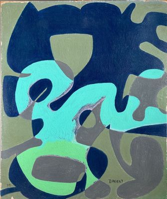 peinture représentant une œuvre abstraite bleue et verte sur fond vert