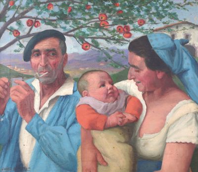 a painting of a man holding a baby and a woman holding a baby