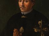 a painting of a man in a black coat with a cross on his chest