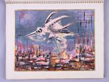 a painting of a seagull flying over a harbor