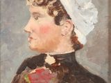 an oil painting of a woman in a brown dress and a white hat