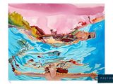 painting of a woman swimming in a pool with a pink sky in the background