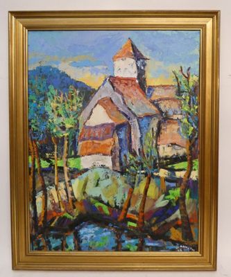 une peinture à l'huile représentant une église dans un champ avec des arbres