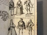 an open book with a drawing of people dressed in medieval clothing