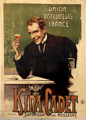 affiche représentant un homme tenant un verre de vin devant un bureau