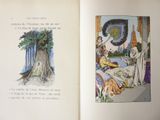 two pages of a book with illustrations of a woman and a tree