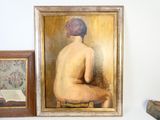 a painting of a nude woman sitting on a stool next to a book