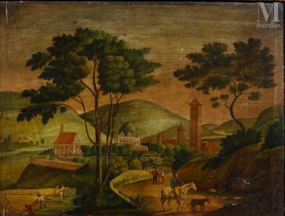 an old painting of a farm scene with a man and a horse