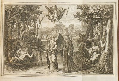an old book with a picture of a man and a woman in a forest