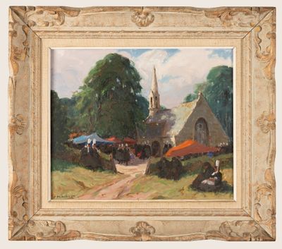 an oil painting of a village scene with a church in the background