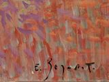 painting of an orange and purple painting with writing on the bottom of it
