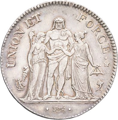 an old silver coin with a man holding a woman on it