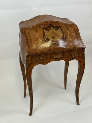 pair of antique wooden side tables with hand painted designs on them