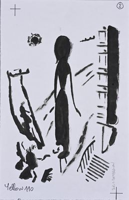 dessin représentant une femme debout devant une fenêtre avec un chien