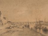 un dessin représentant une vue d'un port avec des bateaux sur l'eau
