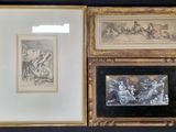 three framed pictures of a man riding a horse and a woman riding a horse