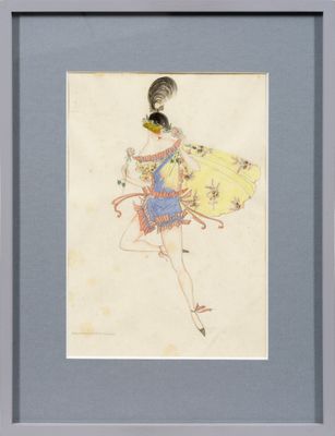 une image représentant le dessin d'une femme en robe, tenant un éventail