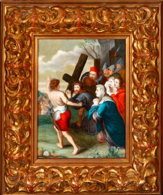 a painting of a man carrying a cross with other people around him