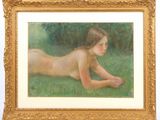 an image of a painting of a naked woman laying on the grass