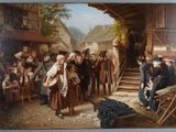 a painting of a group of people standing outside of a building